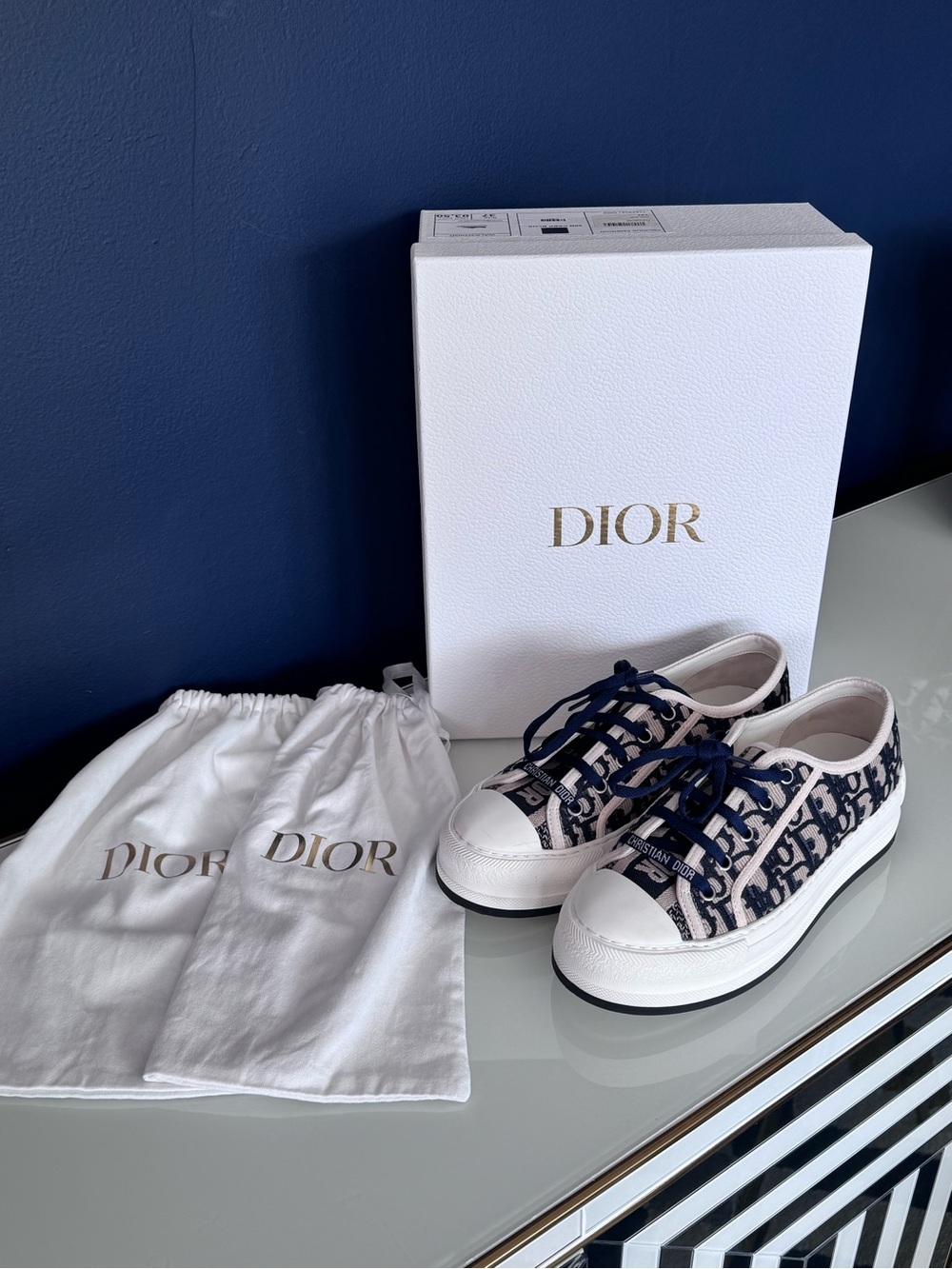 Dior Navy and White Oblique Low-Top Sneakers